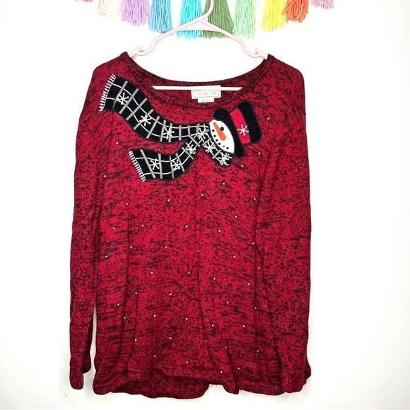 Vintage Mandal Bay Embellished Winter Snowman Pearl Marled Red Sweater Size XXL - Picture 2 of 11
